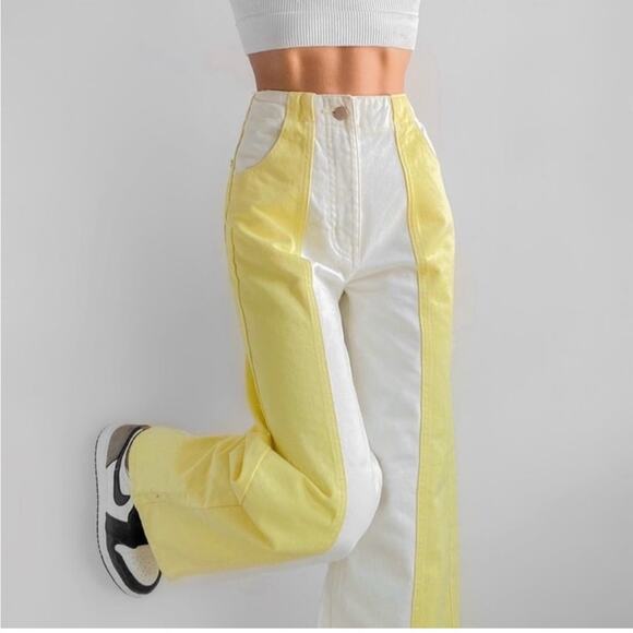 BDG Urban Outfitters | Yellow White High & Wide Leg Color block Pants Jeans 28 - Picture 1 of 11